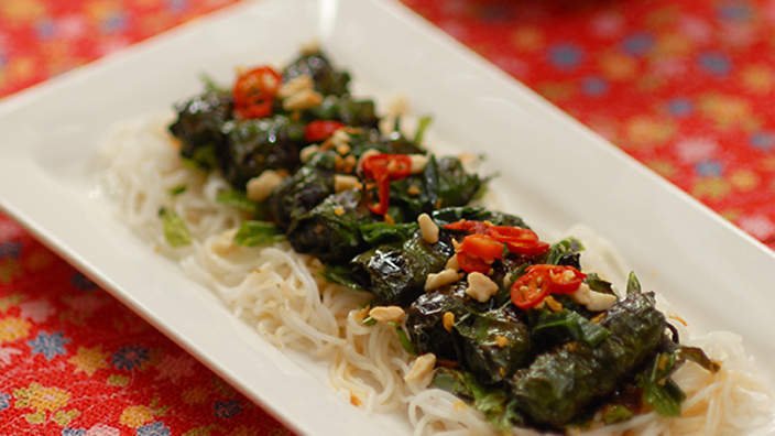 Beef and lemon grass wrapped in betel leaf