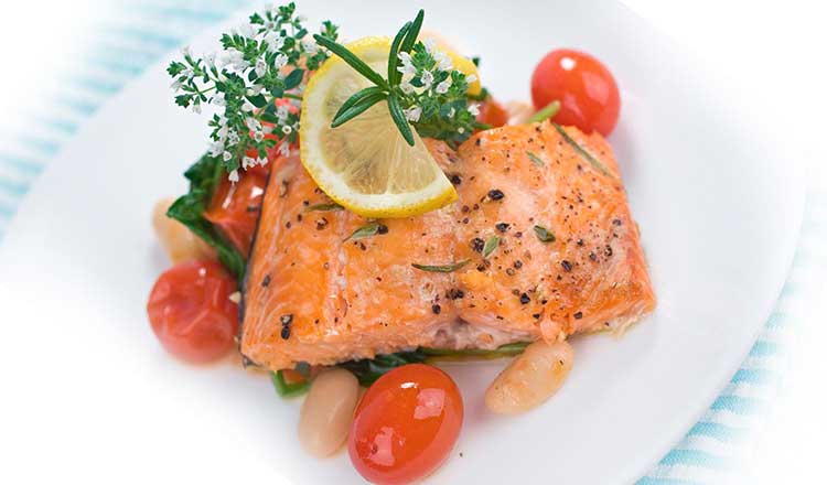 Baked Salmon, Tomatoes & Beans With Dill Yoghurt