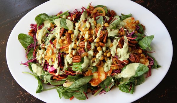 Curried Sprouted Chickpea, Pecan & Haloumi Salad with Mint, Basil & Cashew Cream Dressing
