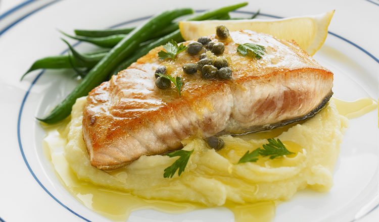 seafood recipe Salmon On Garlic Mash And Green Beans