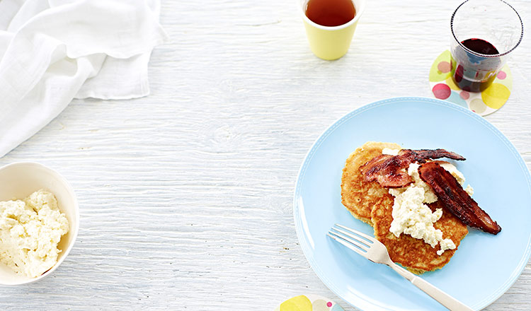 Big Oat Pancakes With Crispy Bacon and Ricotta