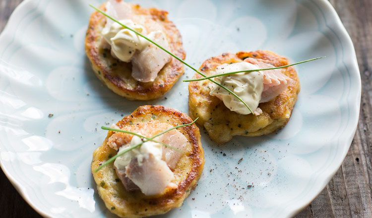 Grilled Trout On Potato Cakes With Creme Fraiche