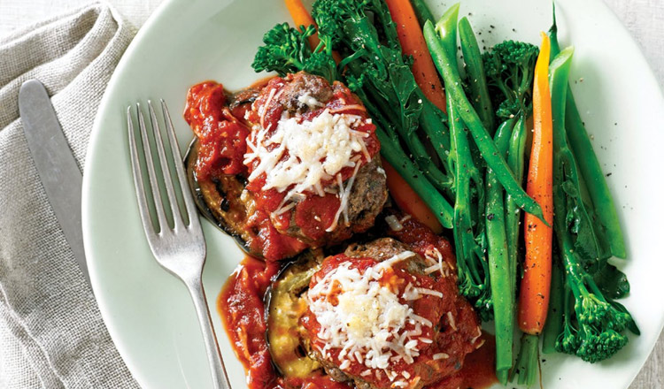Italian Beef Rissoles With Grilled Eggplant, Tomato & Parmesan