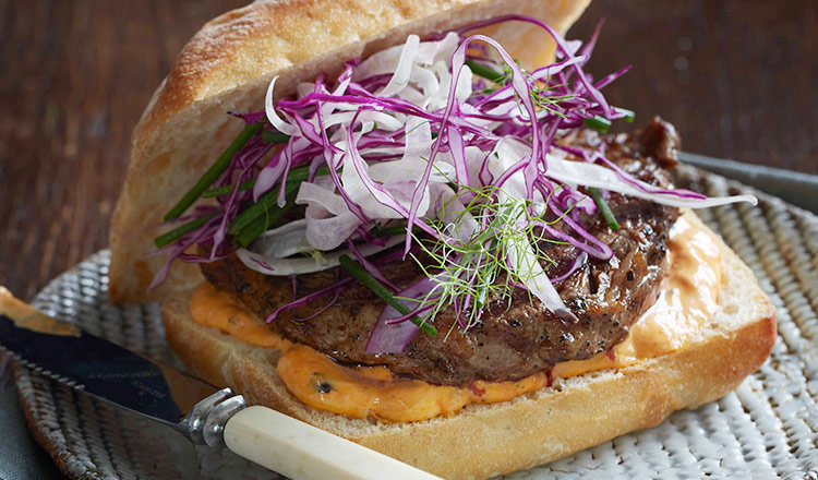 Burger Obsession Canjun Steak Burger With Red Pepper Mayonnaise & Fennel Slaw