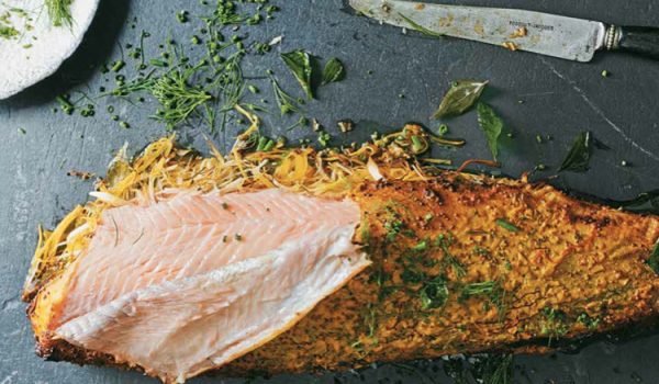 seafood recipe Indian Style Whole Roasted Salmon Cooked in an Earthenware Pot