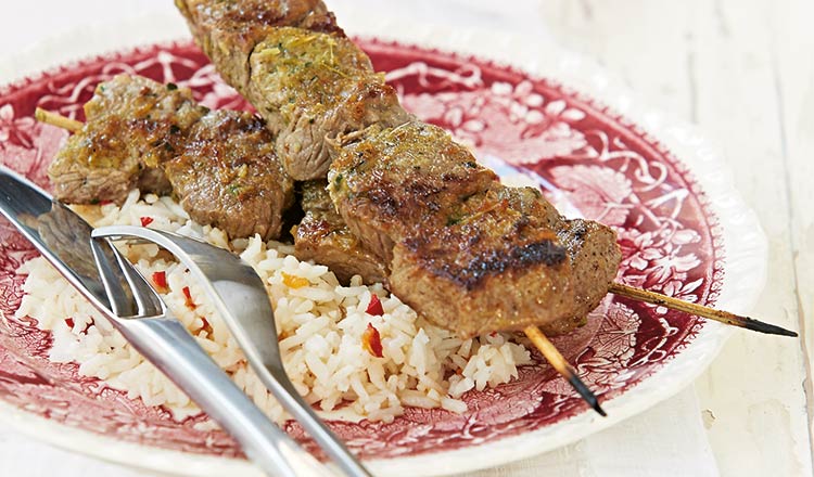 Beef Skewers with Aromatic Pilaf