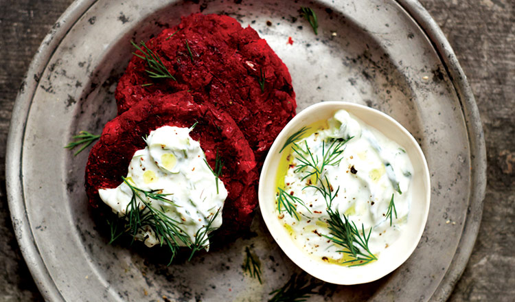 Amy Chaplin's Beetroot Chickpea Cakes With Tzatziki