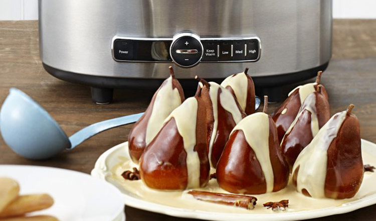 Whole Poached Pears In Spiced Caramelised Creme Sauce