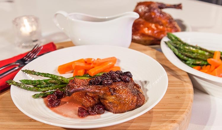 Roast Duck With Cherry Sauce, Spiced Carrots & Asparagus