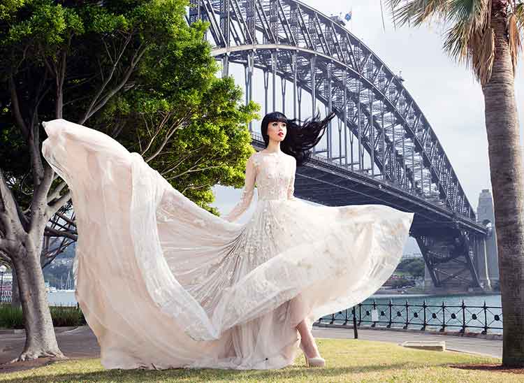Jessica Minh Anh at The Rocks, Sydney wearing Paolo Sebastian