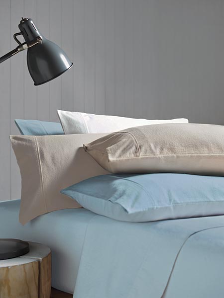 5 Tips for Light, Bright Winter Styling: Lorraine Lea Flannelette Sheets in White, Blue and Taupe.