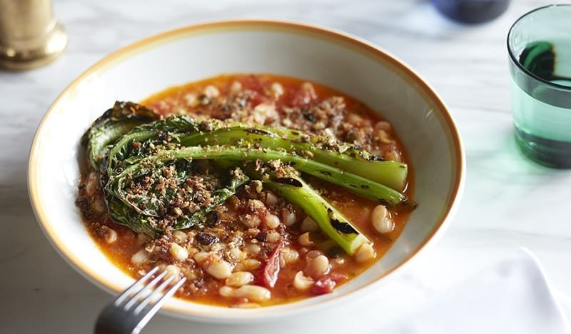 Bill Granger's Braised White Beans, Grilled Spring Greens