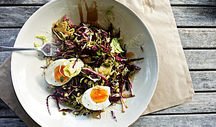 Shredded Radicchio, Brussel Sprouts & Soft Boiled Egg Salad