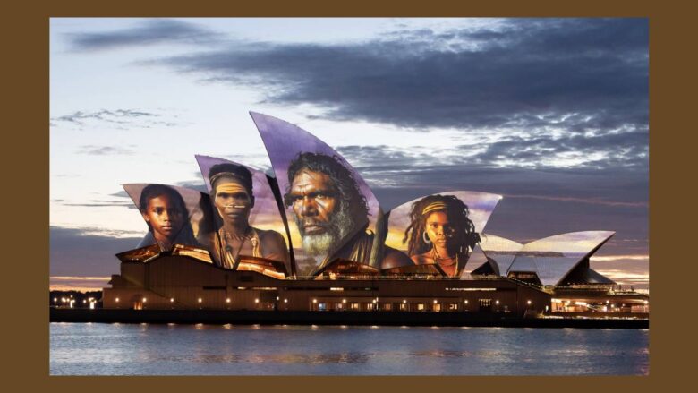 The Sydney Opera House sails have been lit up for Australia Day. At dawn, the sails were illuminated with portraits and art celebrating Australia's indigenous history.