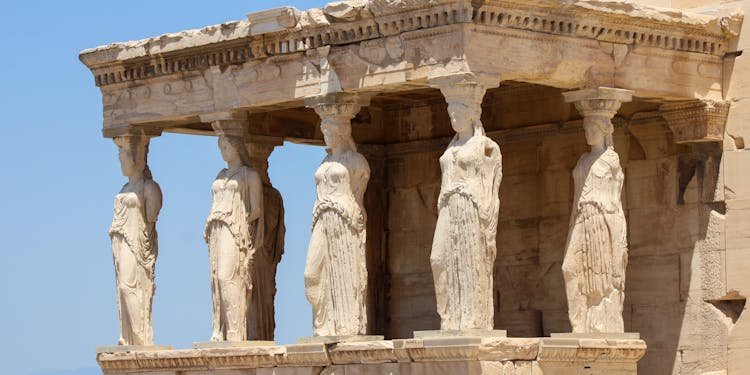 View of the Porch of the Maidens, part of the Erechtheion on the Acropolis in Athens, Greece.